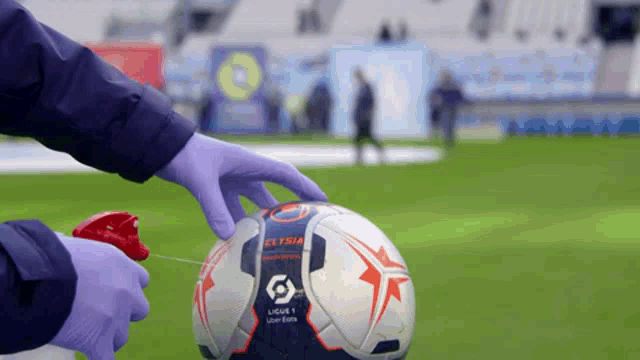 a person wearing purple gloves is spraying a soccer ball with a red spray bottle