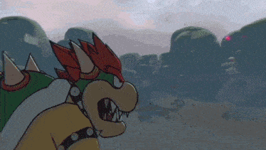 a cartoon drawing of bowser looking at a red object
