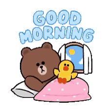 a brown bear is laying on a bed with a yellow duck and says good morning .