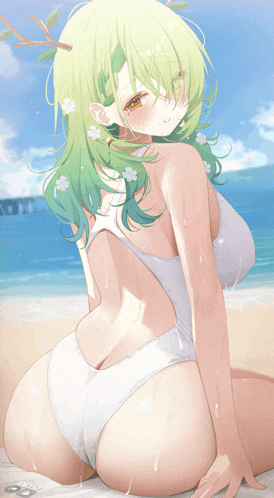 a girl with green hair is sitting on a beach wearing a white swimsuit