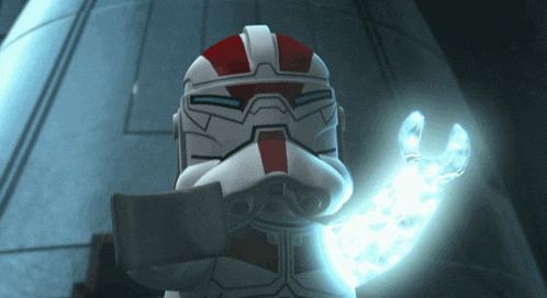 a cartoon character with a red and white helmet is holding a blue object