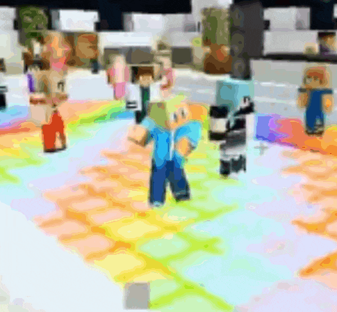 a group of minecraft characters are standing on a rainbow carpet
