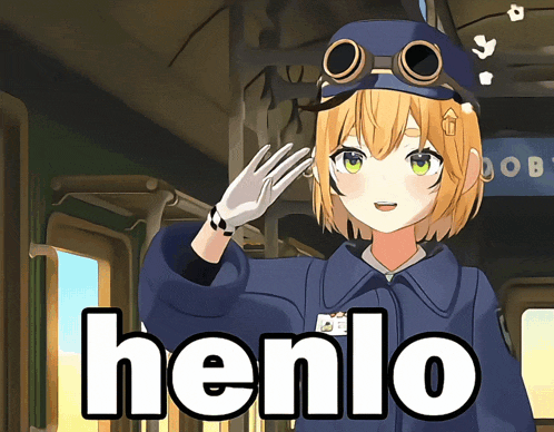 a cartoon character with the word henlo on the bottom right