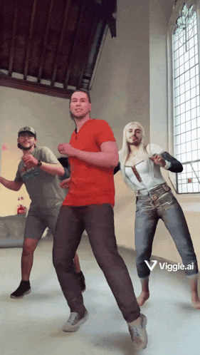 a man in a red shirt is dancing in a room with two other men