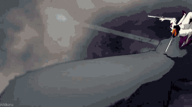 a cartoon of a person holding a sword on top of a mountain .