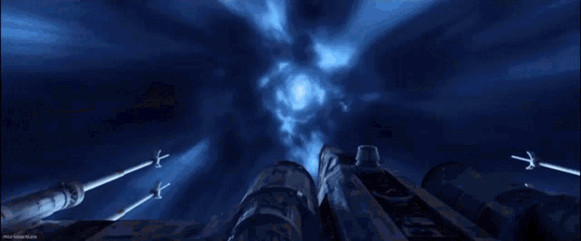 a star wars x-wing fighter jet is flying through a wormhole in the sky .