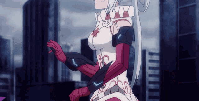 a girl with white hair and red and black gloves stands in front of a city skyline