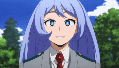 a girl with blue hair is wearing a grey suit and red tie