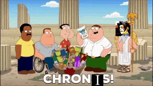 a group of cartoon characters standing around a basket with the words chronis on the bottom right