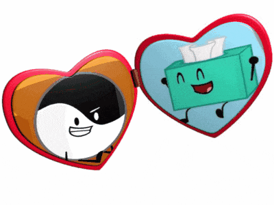 a heart shaped mirror with a cartoon character and a box of tissues inside