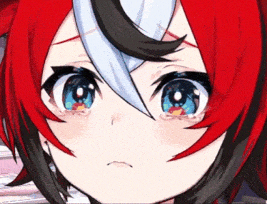 a close up of a red haired anime girl with blue eyes and tears coming out of her eyes .