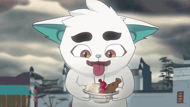 a cartoon of a white cat holding a bowl of food with its tongue out