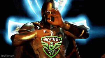 a man in a superhero costume with a logo that says safuu on it