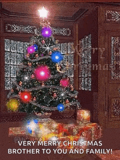 a very merry christmas brother to you and family with a christmas tree and presents