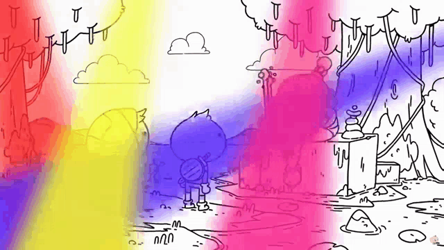 a cartoon drawing of a boy standing in front of a rainbow colored background
