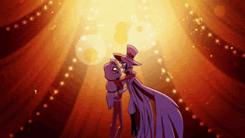 a couple of cartoon characters dancing in front of a bright light