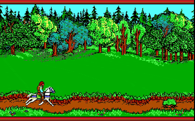 a cartoon of a man riding a horse in a field with trees in the background