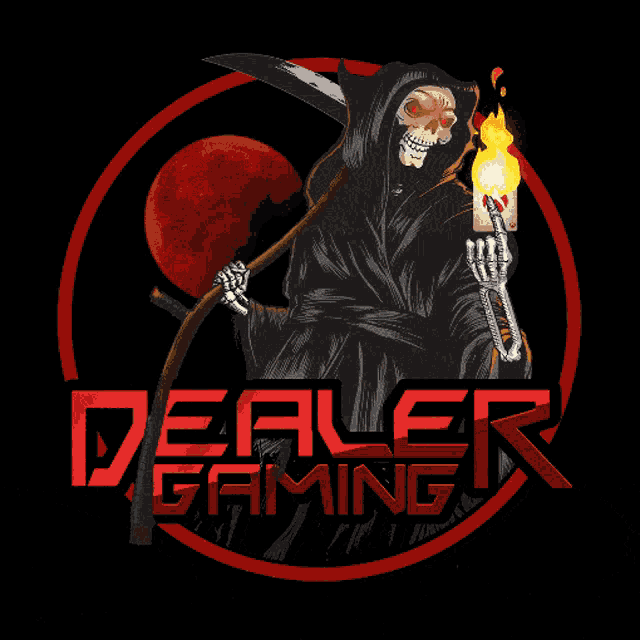 a grim reaper holding a torch with dealer gaming written below him