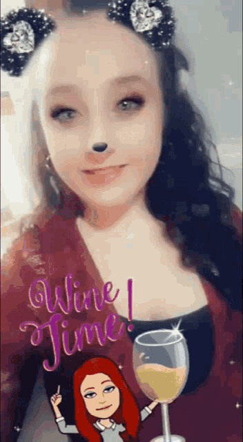 a woman holding a glass of wine with the words wine time written on her face