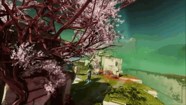 a painting of a tree with pink flowers and a green background