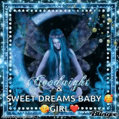 a fairy with blue hair and wings is sitting on a crescent moon and says goodnight and sweet dreams baby girl .