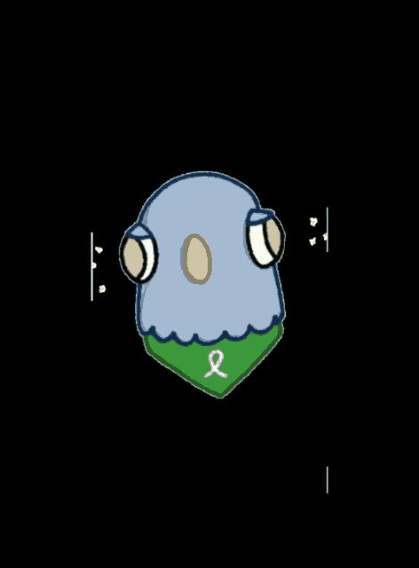 a cartoon drawing of a bird with a green x on its neck
