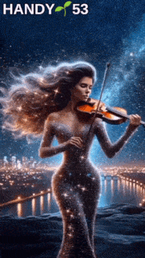 a woman in a dress is playing a violin in front of a night sky with handy 53 on the bottom