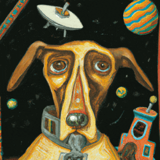 a painting of a dog with a satellite on its head and a planet in the background
