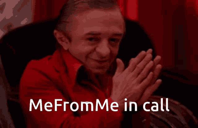 a man in a red suit applauds with the words mefromme in call written below him