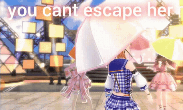 a girl with an umbrella is standing in front of a sign that says you cant escape her