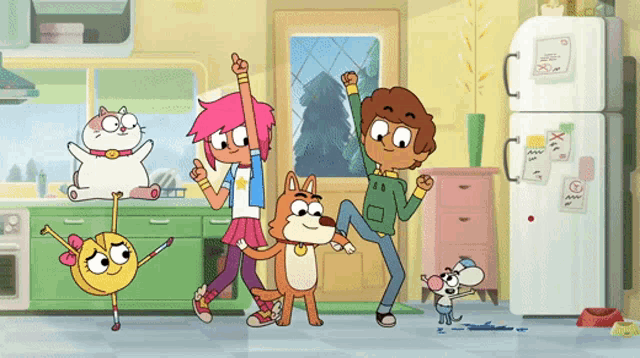 a group of cartoon characters are dancing in a kitchen including a dog and a mouse