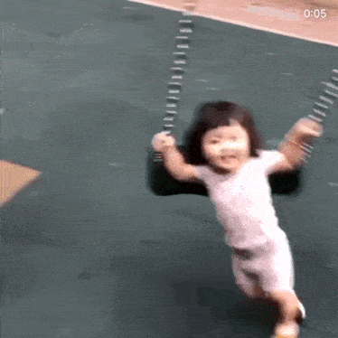 a little girl is playing on a swing at a playground .