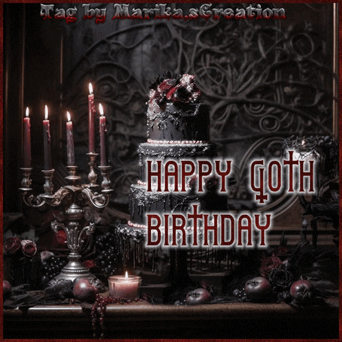a happy goth birthday greeting card with a black cake