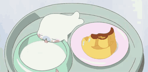 a cartoon drawing of a seal sleeping on a tray next to a plate of pudding