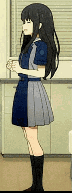 a girl in a blue and gray dress is standing in front of a window