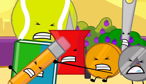 a group of cartoon characters including a tennis ball a book a pencil and a scissors