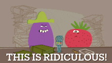 a cartoon of a purple monster and a red strawberry with the words this is ridiculous below them