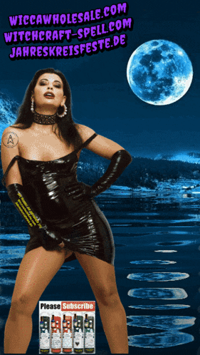 a woman in a latex dress is standing in front of a full moon