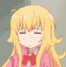 a girl with long blonde hair is making a funny face with her eyes closed .