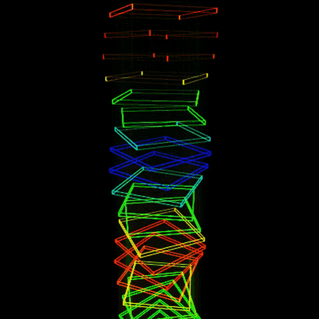 a stack of rainbow colored squares against a black background