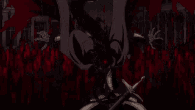 a silhouette of a person with a cape and a sword