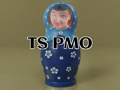 three russian nesting dolls with the words ts pmo on top of them