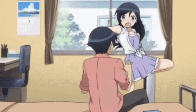 a girl in a purple dress is sitting on a man 's lap in a room