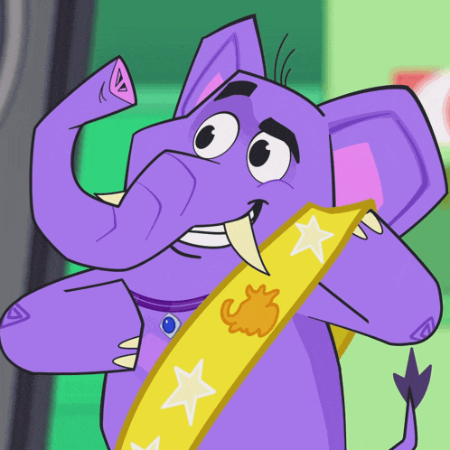 a purple cartoon elephant is wearing a yellow sash with stars