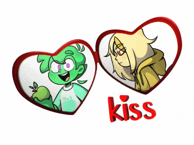 two hearts with cartoon characters inside of them and the word kiss below them