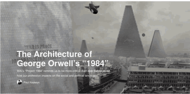 a black and white photo of a city with the words " the architecture of george orwell 's 1984 " on the bottom