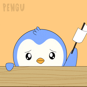 a penguin is holding a white flag and looking over a wooden ledge