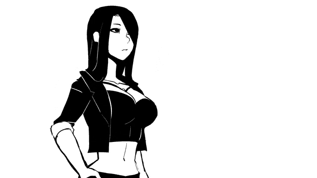 a black and white drawing of a woman pointing at the camera .