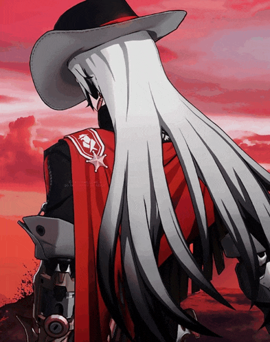a man with long white hair wearing a red cape and cowboy hat