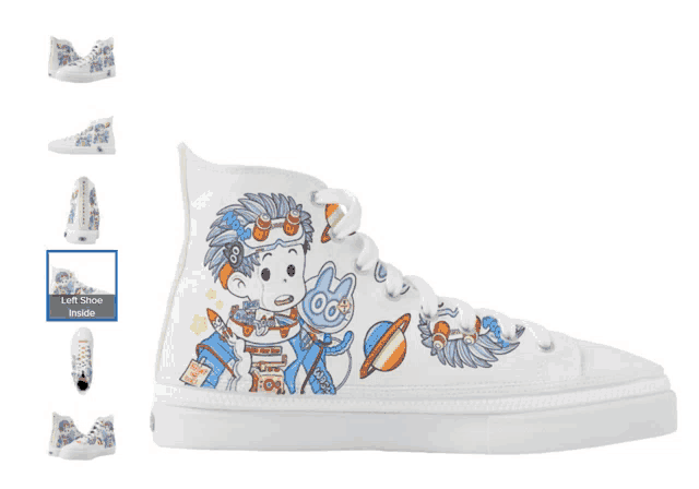 a white high top shoe with a picture of a cartoon character on it